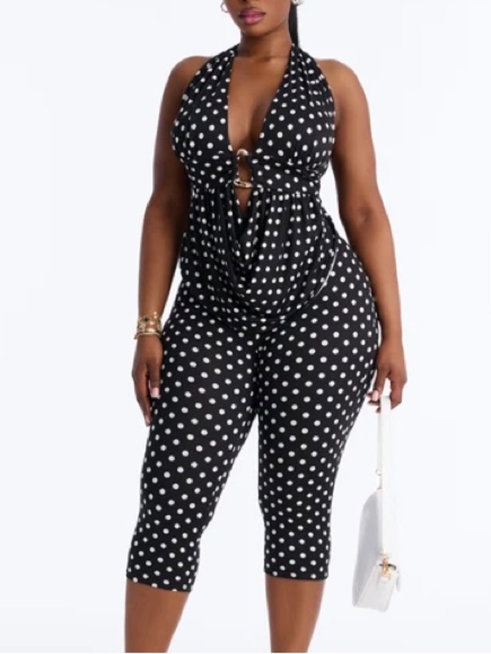 Polka Dot Halter Top Capri Pant Set- Black/White